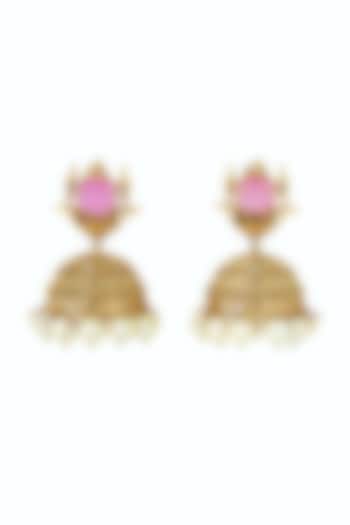 Gold Plated Pink Stone & Pearl Drop Jhumka Earrings by Anjali Jain Jewellery at Pernia's Pop Up Shop