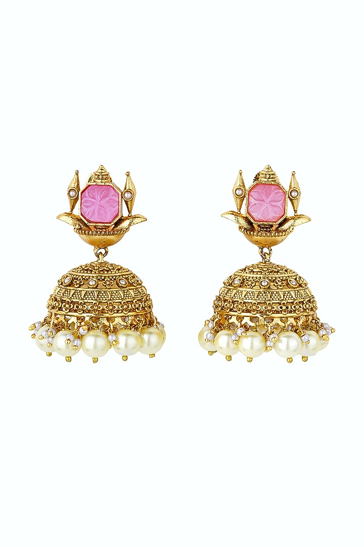 Gold Plated Pink Stone & Pearl Drop Jhumka Earrings by Anjali Jain Jewellery at Pernia's Pop Up Shop