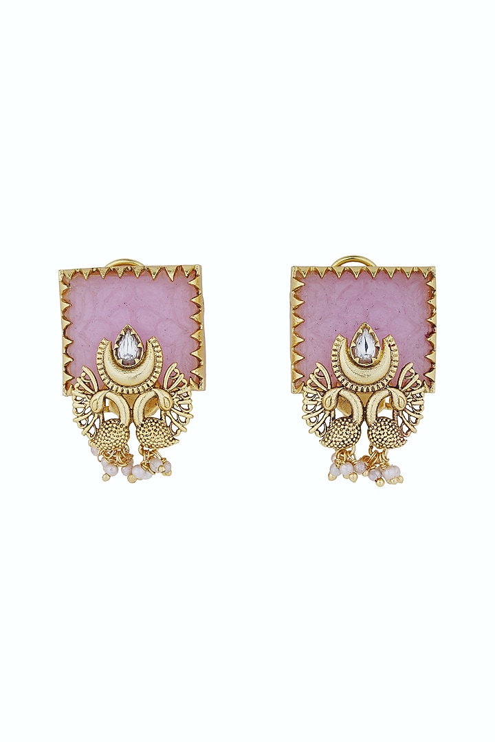 Gold Plated Pink Stone Carved Peacock Stud Earrings by Anjali Jain Jewellery at Pernia's Pop Up Shop