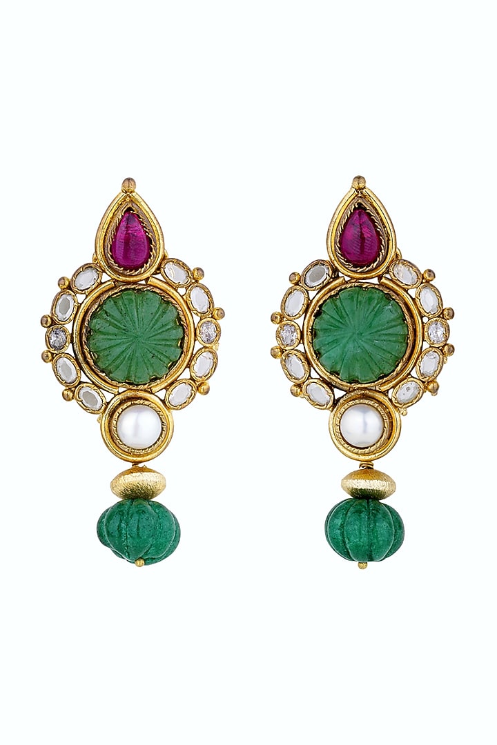 Gold Plated Green Carved Onyx Dangler Earrings by Anjali Jain Jewellery at Pernia's Pop Up Shop