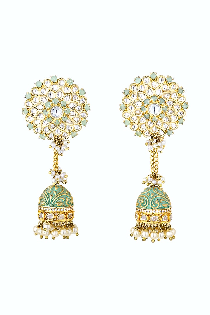 Gold Plated Kundan Polki & Multi-Colored Stone Jhumka Earrings by Anjali Jain Jewellery at Pernia's Pop Up Shop