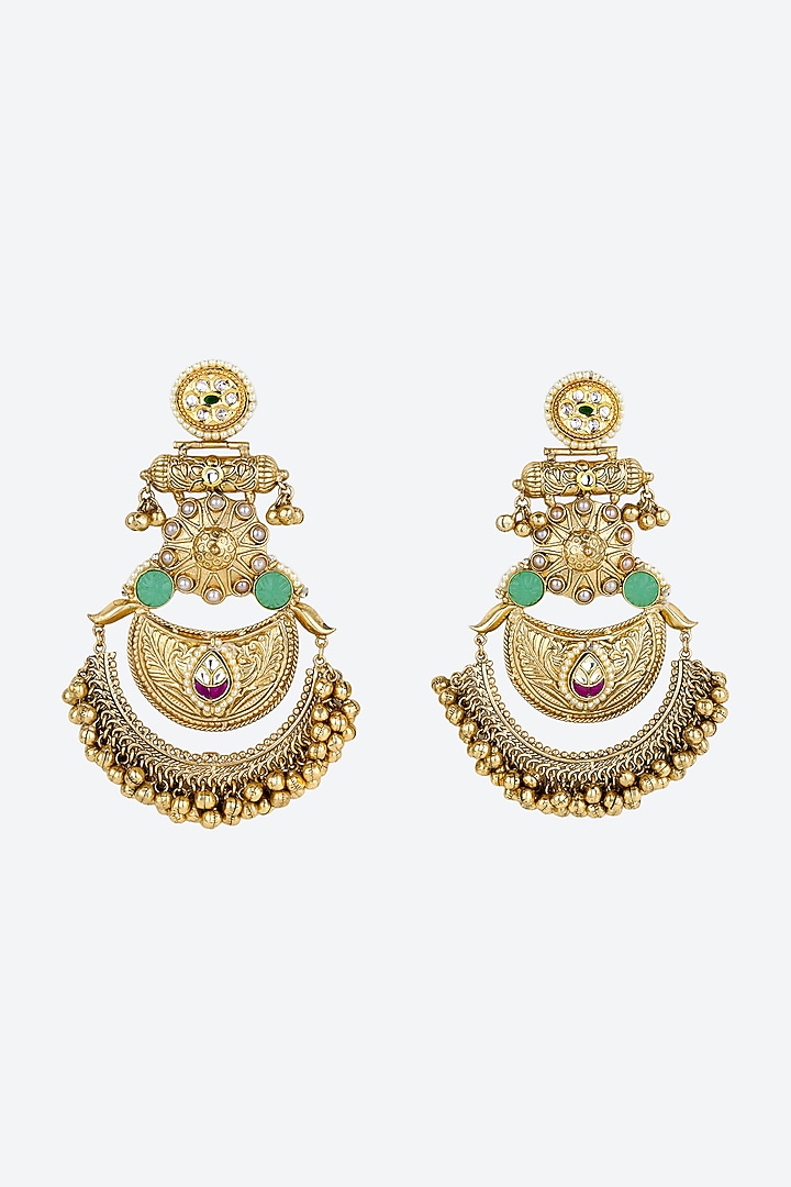 Gold Plated Kundan Polki & Pearl Chandbali Earrings by Anjali Jain Jewellery at Pernia's Pop Up Shop