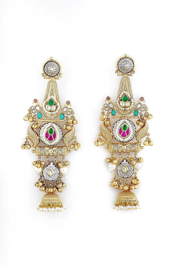 Gold Plated Kundan Polki & Pearl Chandbali Earrings by Anjali Jain Jewellery at Pernia's Pop Up Shop