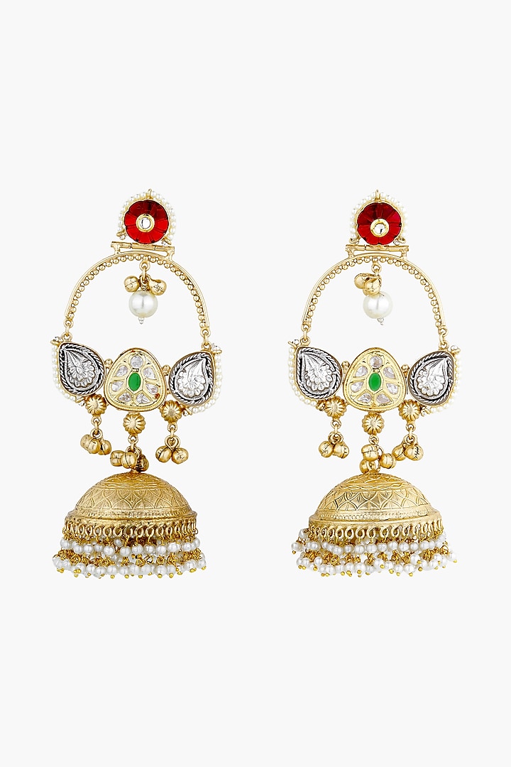 Gold Plated Kundan Polki & Pearl Chandbali Earrings by Anjali Jain Jewellery at Pernia's Pop Up Shop