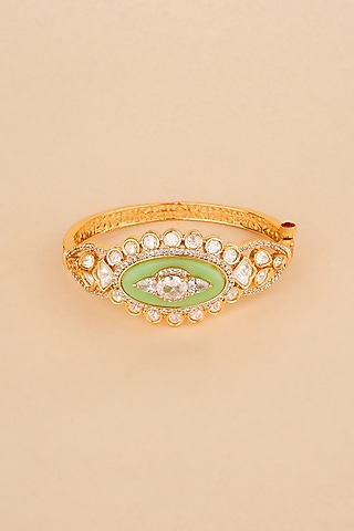 Gold Plated Kundan Polki & Green Stone Bracelet by Anjali Jain Jewellery