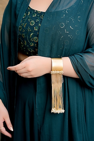 Gold Plated Kundan Polki & Pearl Cuff by Anjali Jain Jewellery