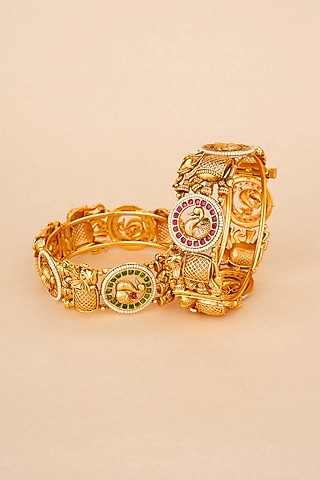 Gold Plated Kundan Polki & Red Stone Bangles (Set Of 2) by Anjali Jain Jewellery