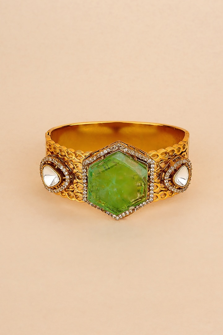 Gold Plated Kundan Polki & Green Stone Bracelet by Anjali Jain Jewellery at Pernia's Pop Up Shop