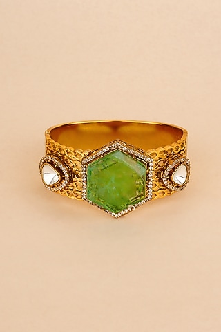 Gold Plated Kundan Polki & Green Stone Bracelet by Anjali Jain Jewellery