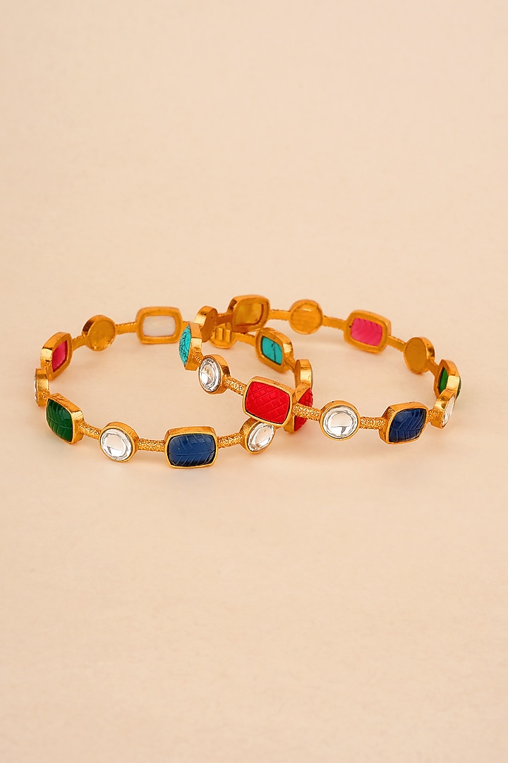 Gold Plated Navratna Stone Bangles (Set Of 2) by Anjali Jain Jewellery at Pernia's Pop Up Shop