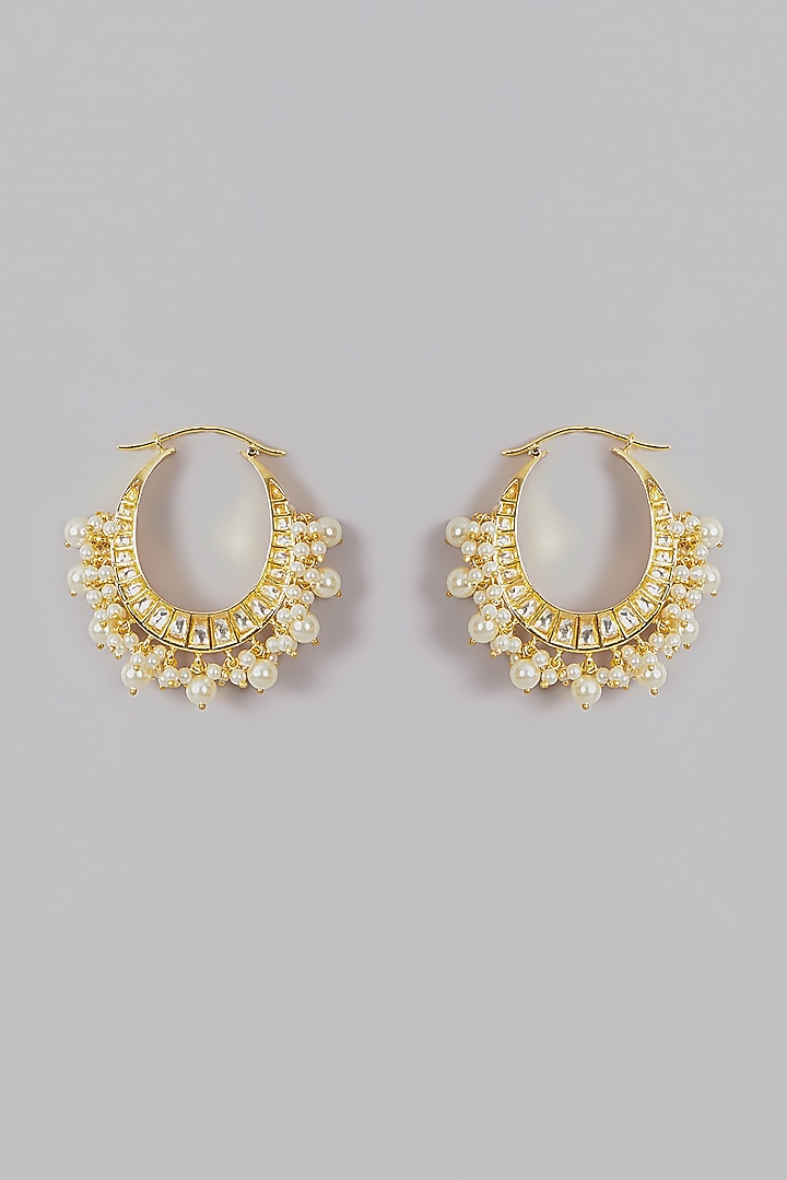 Gold Plated Kundan Polki & Pearl Drop Chandbali Earrings by Anjali Jain Jewellery at Pernia's Pop Up Shop