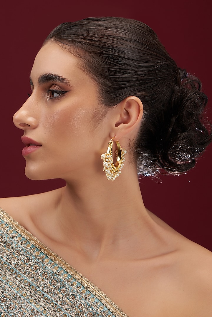Gold Plated Kundan Polki & Pearl Drop Chandbali Earrings by Anjali Jain Jewellery