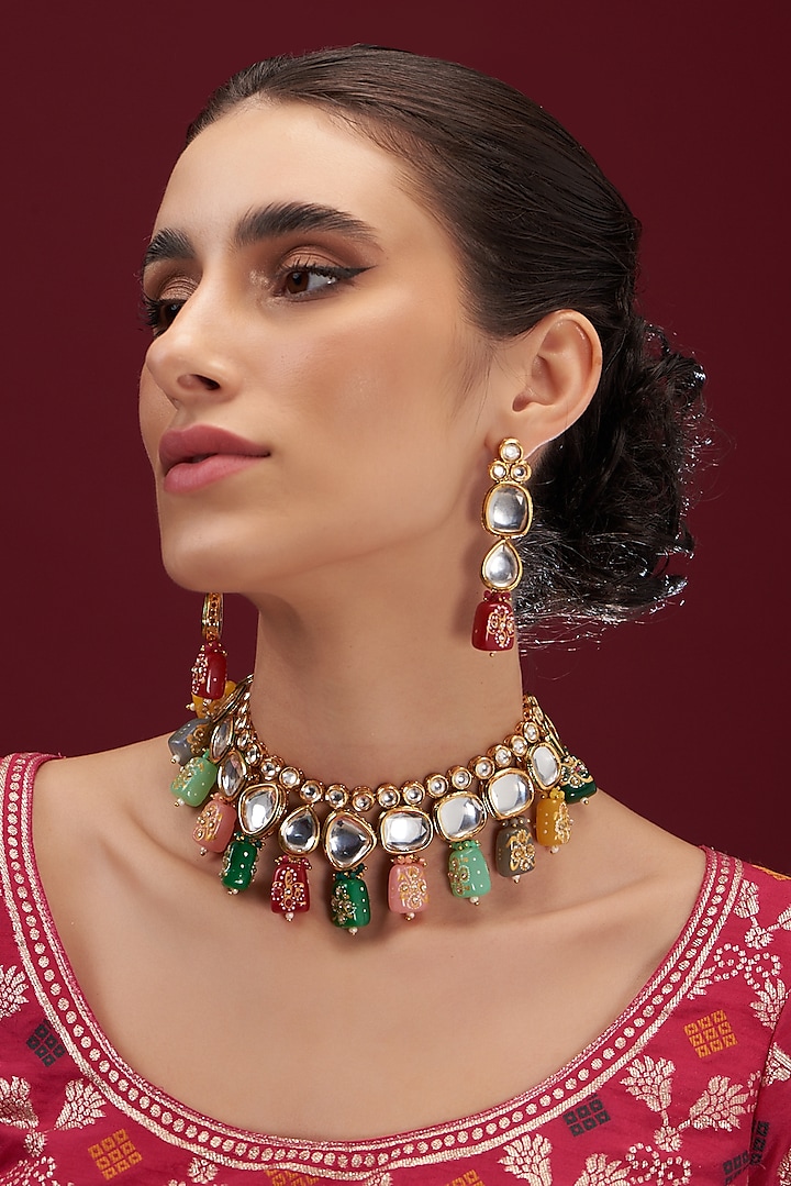 Gold Plated Kundan Polki & Navratna Stone Necklace Set by Anjali Jain Jewellery