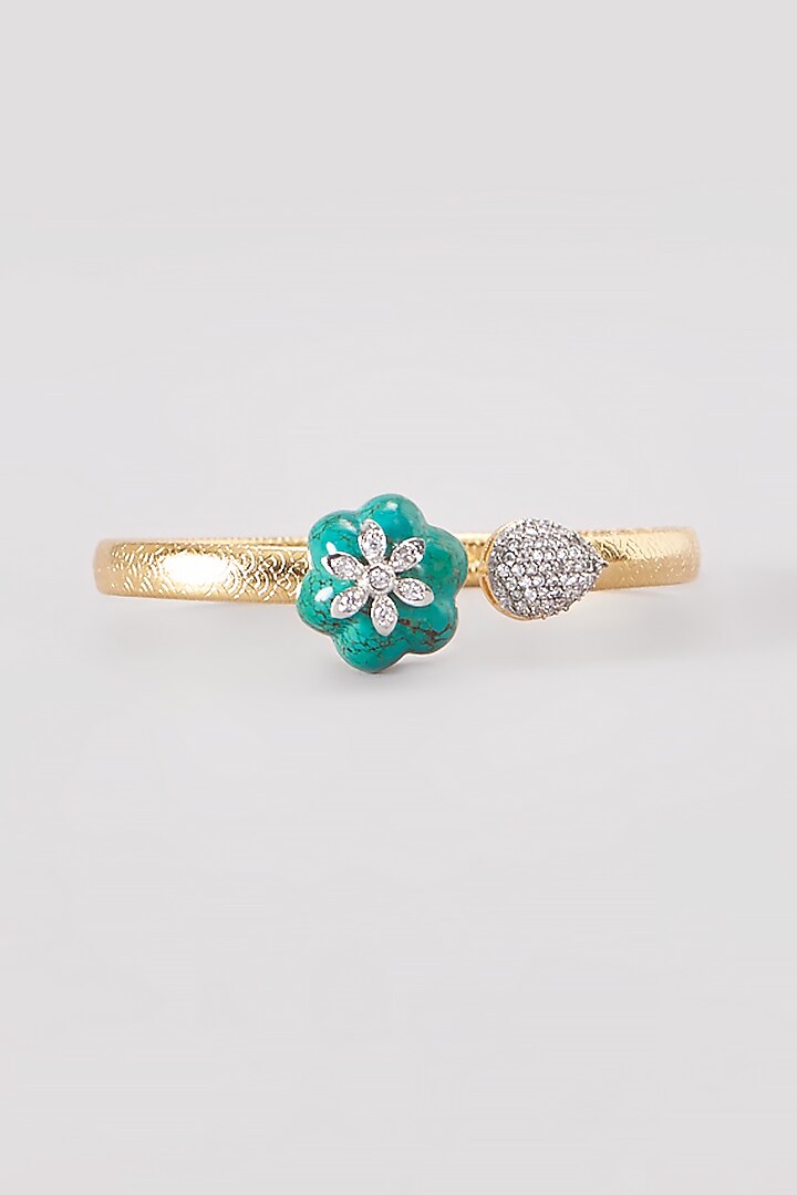 Gold Plated Turquoise Stone & American Diamond Cuff by Anjali Jain Jewellery at Pernia's Pop Up Shop