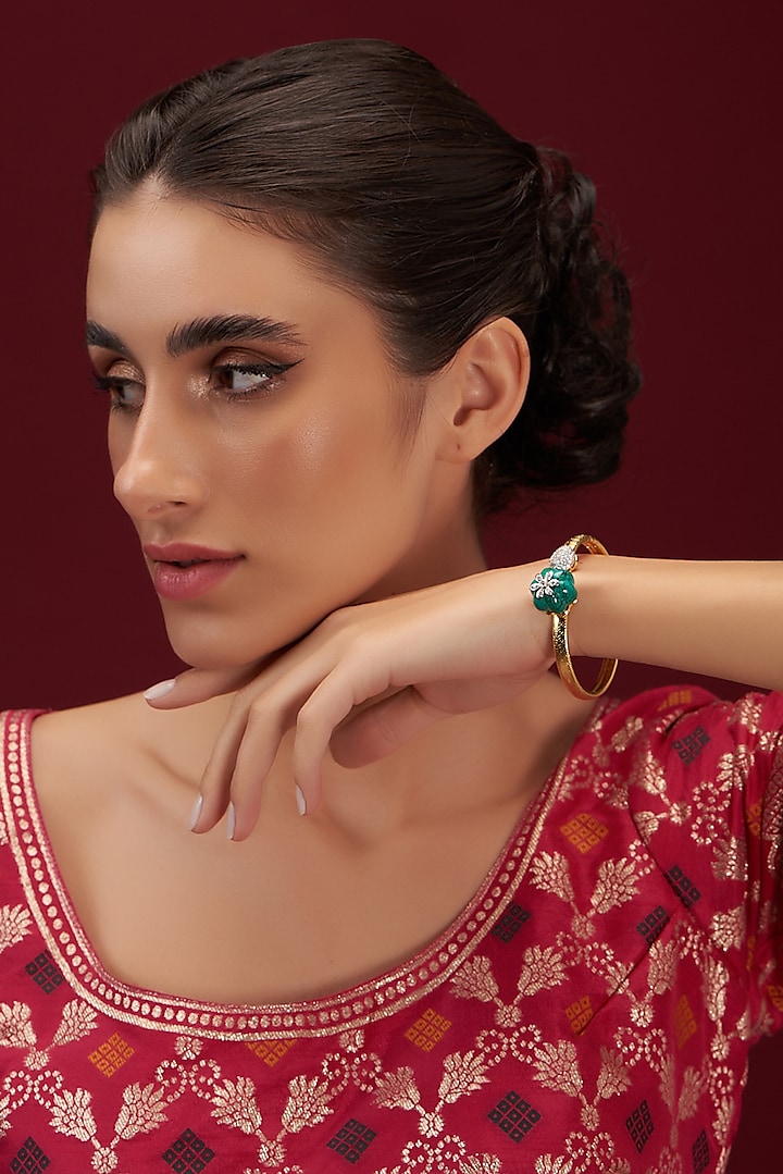 Gold Plated Turquoise Stone & American Diamond Cuff by Anjali Jain Jewellery at Pernia's Pop Up Shop