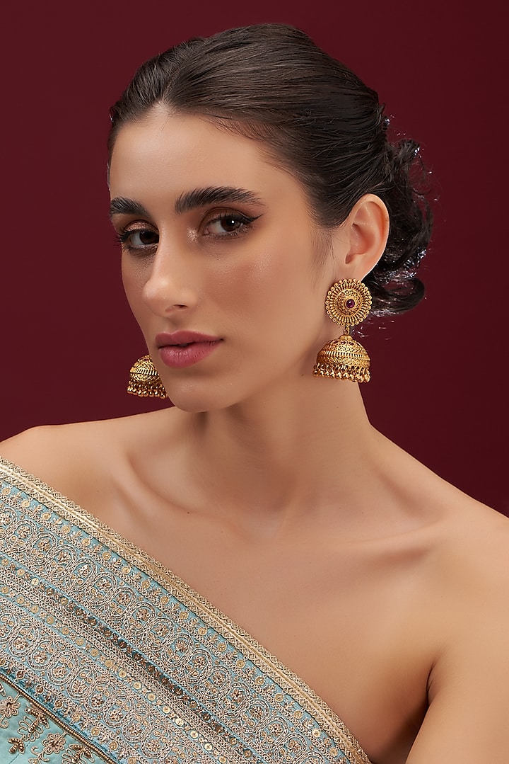 Gold Plated Red Stone & Pearl Drop Jhumka Earrings by Anjali Jain Jewellery