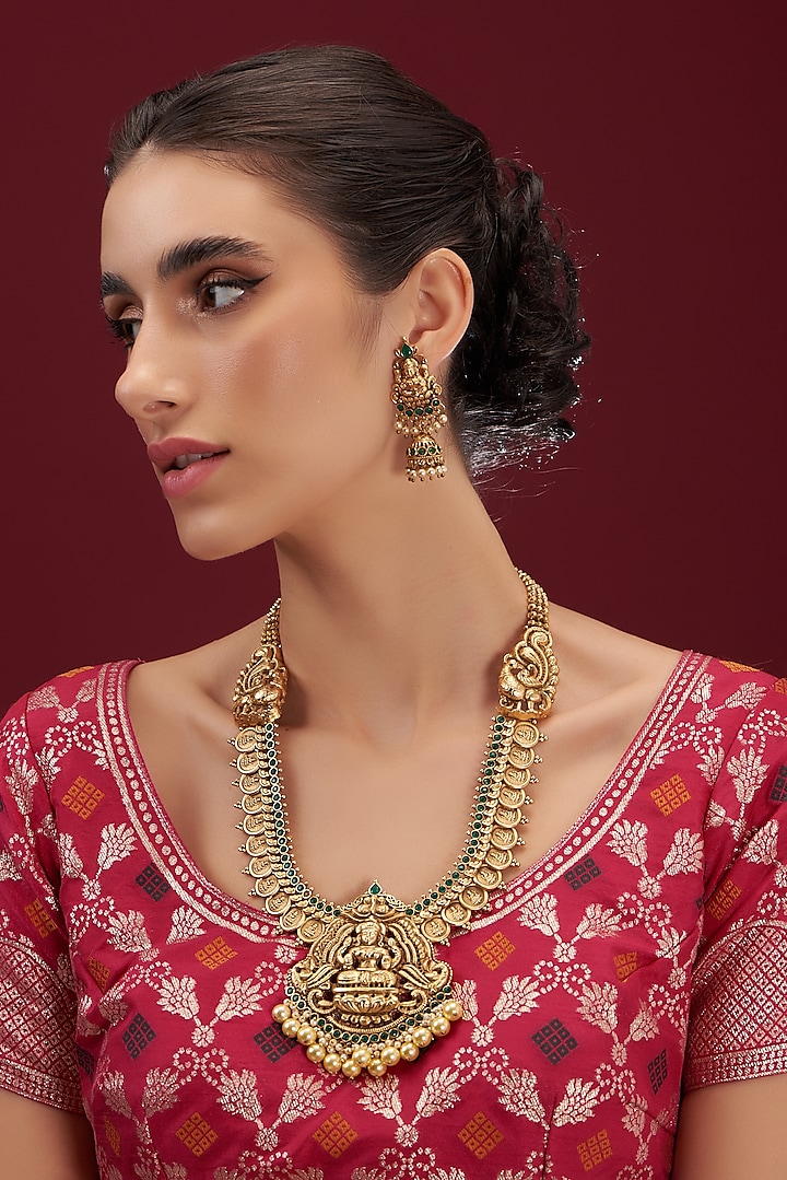 Gold Plated Emerald & Pearl Drop Temple Necklace Set by Anjali Jain Jewellery