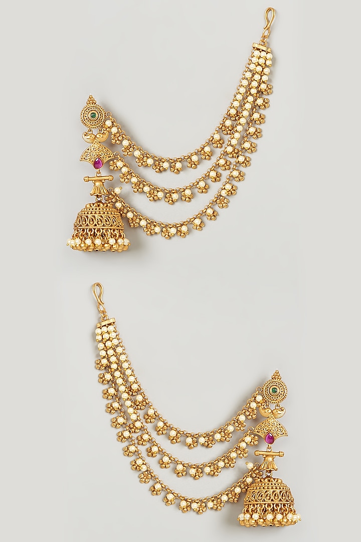 Gold Plated Pearl & Pink Stones Jhumka Earrings by Anjali Jain Jewellery