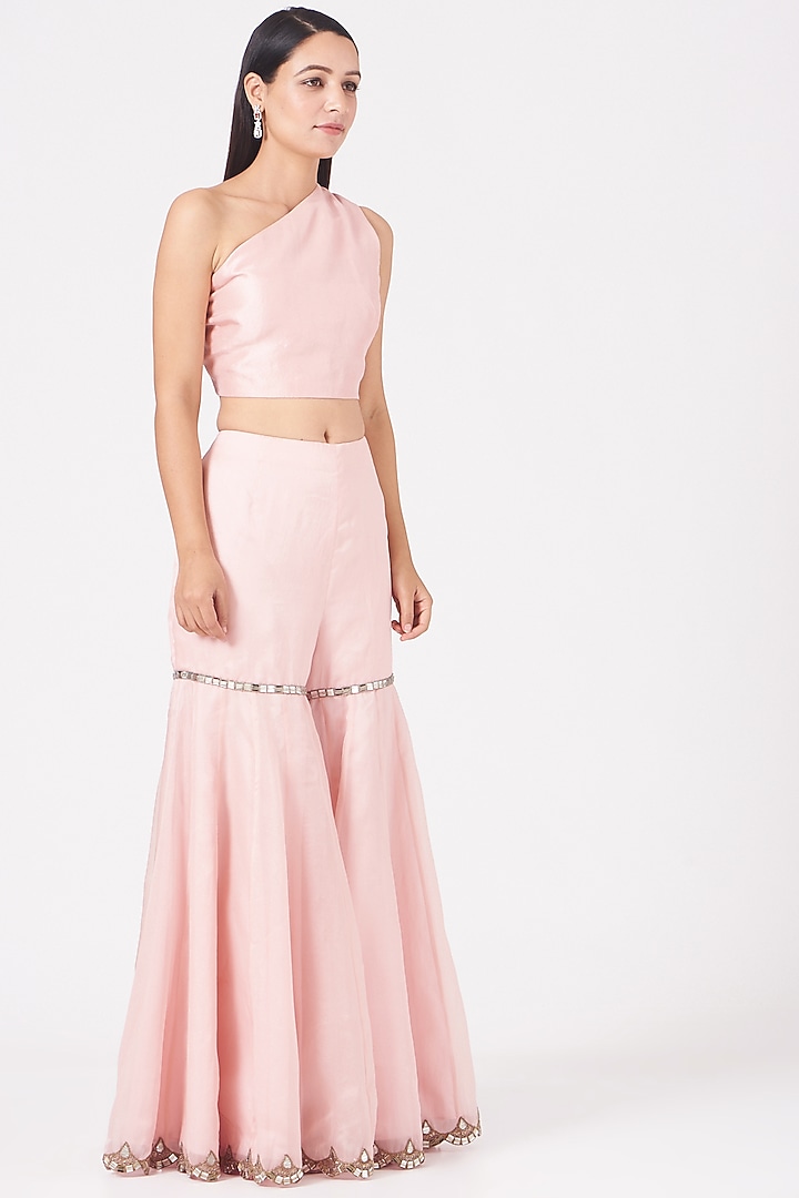 Blush Pink Mirror Embroidered Cape Set by Anand Kabra at Pernia's Pop Up Shop