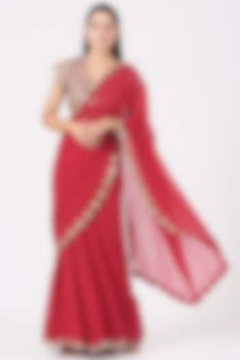 Red Mirror Embroidered Saree Set by Anand Kabra