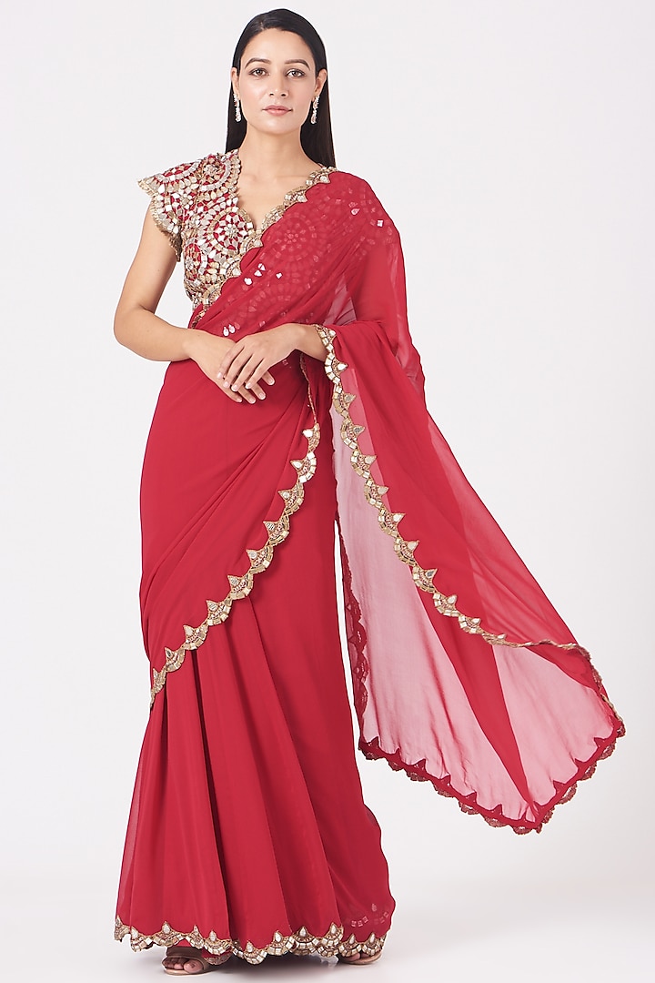 Red Mirror Embroidered Saree Set by Anand Kabra