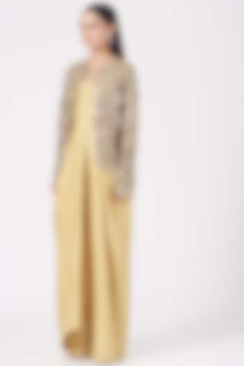Gold Draped Dress With Jacket by Anand Kabra