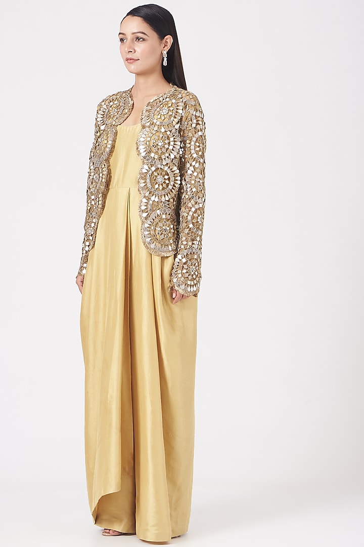 Gold Draped Dress With Jacket by Anand Kabra