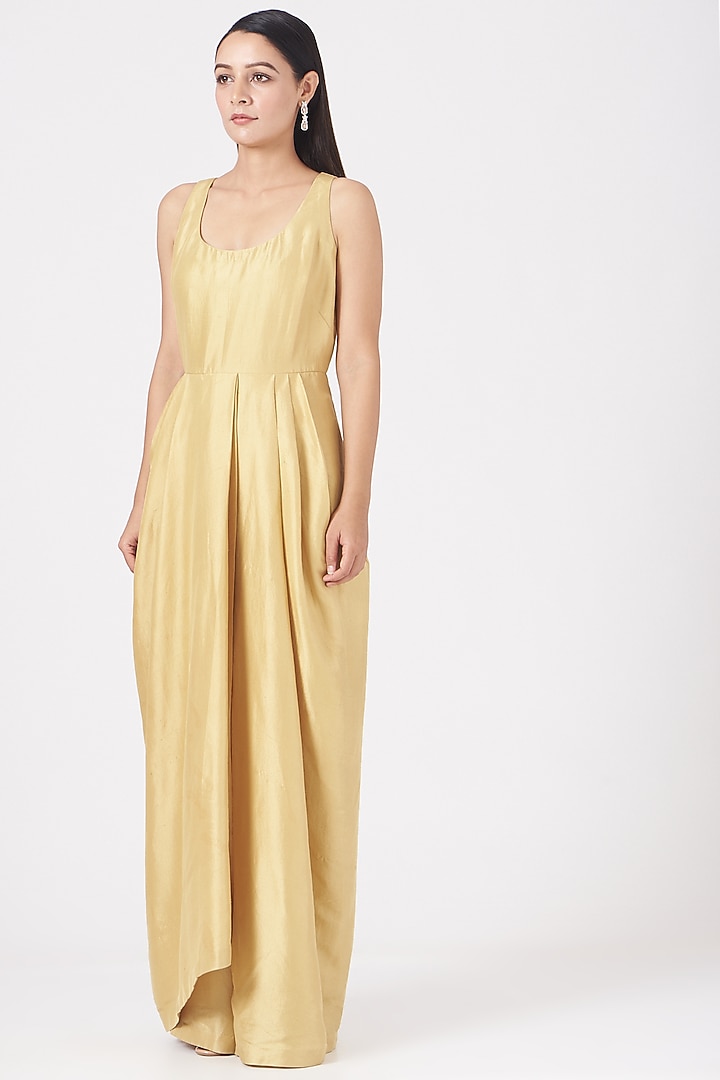 Gold Draped Party Wear Dress With Jacket by Anand Kabra at Pernia's Pop Up Shop