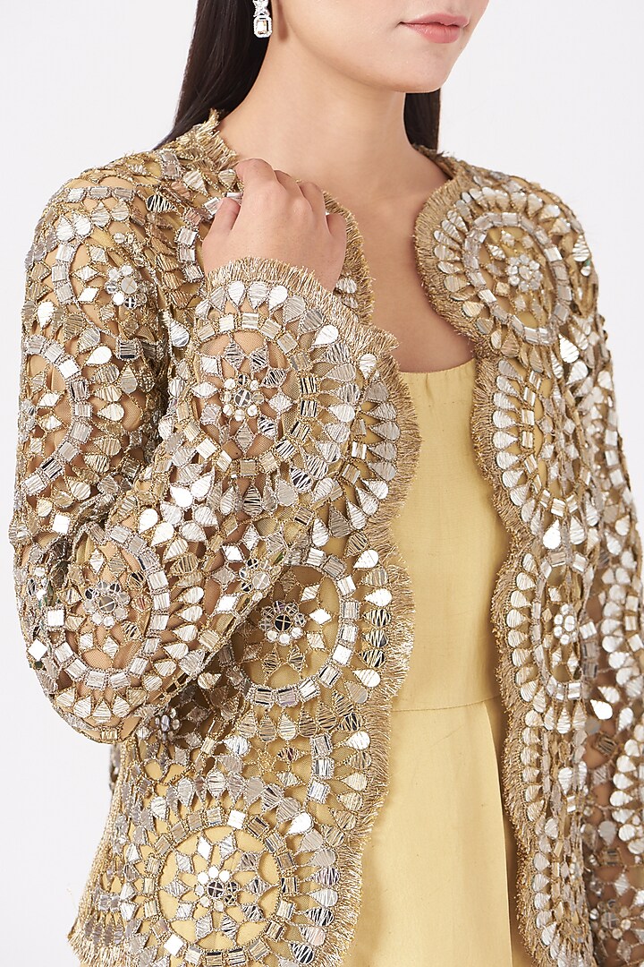 Gold Draped Party Wear Dress With Jacket by Anand Kabra at Pernia's Pop Up Shop