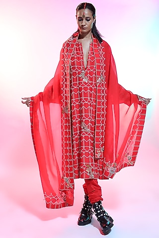 Red Embroidered Kurta Set by Anamika Khanna