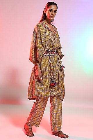 Mustard Printed Shirt Cape with Pyjama Pants by Anamika Khanna