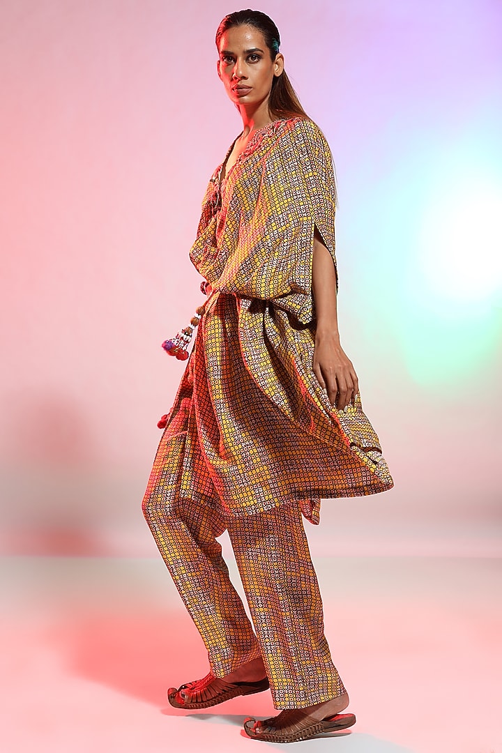 Mustard Printed Shirt Cape with Pyjama Pants by Anamika Khanna at Pernia's Pop Up Shop