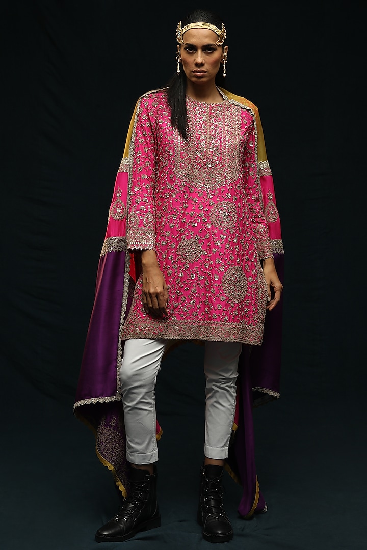 Fuchsia Pink Embroidered Kurta Set by Anamika Khanna