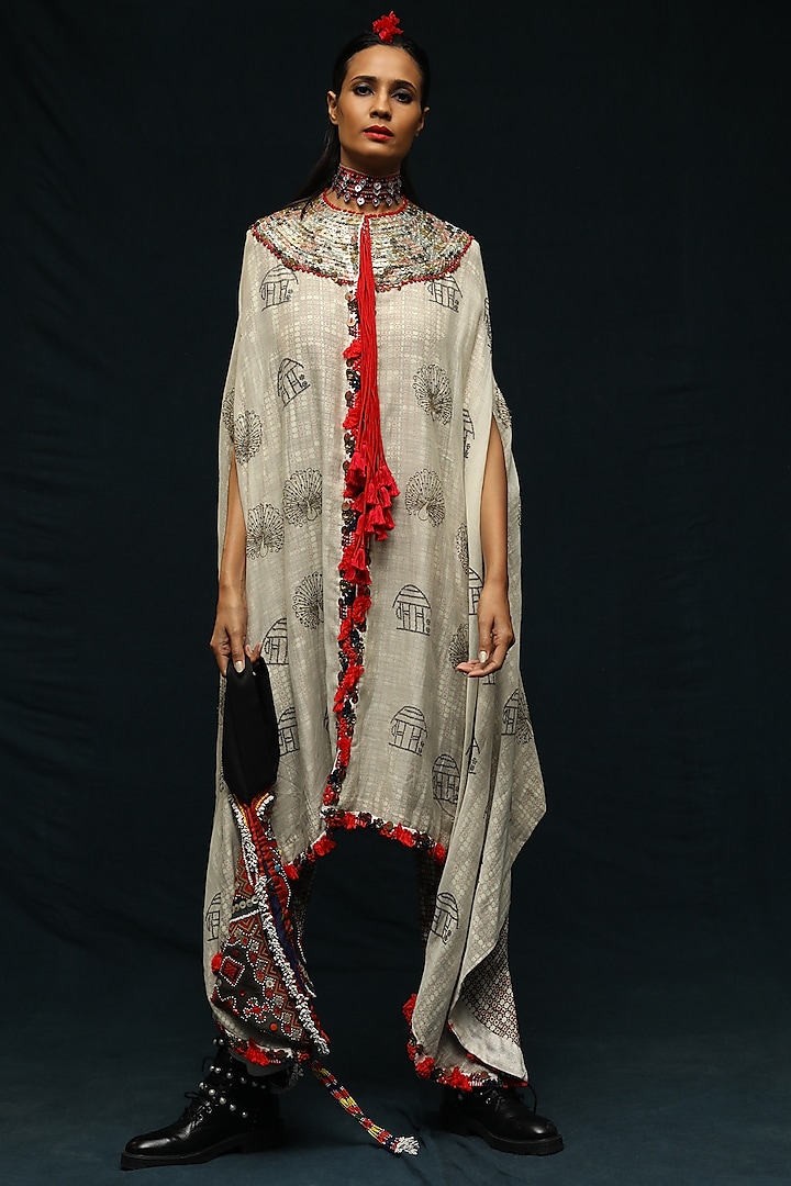 Off White Printed Long Capelet With Pants by Anamika Khanna