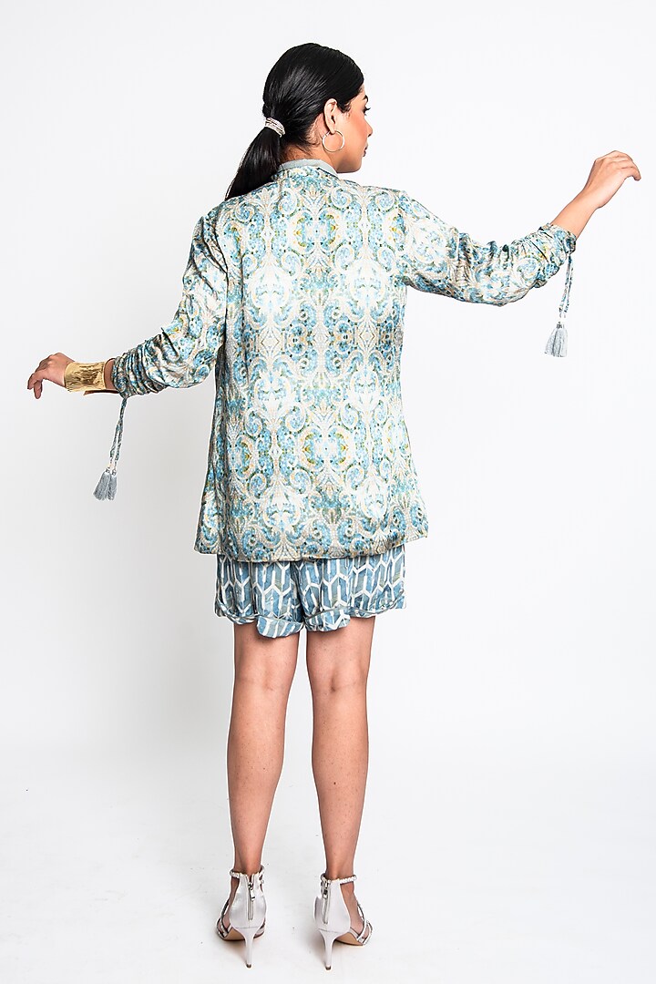 Teal & Ecru Linen Romper With Jacket by ANMOL KAKAD at Pernia's Pop Up Shop