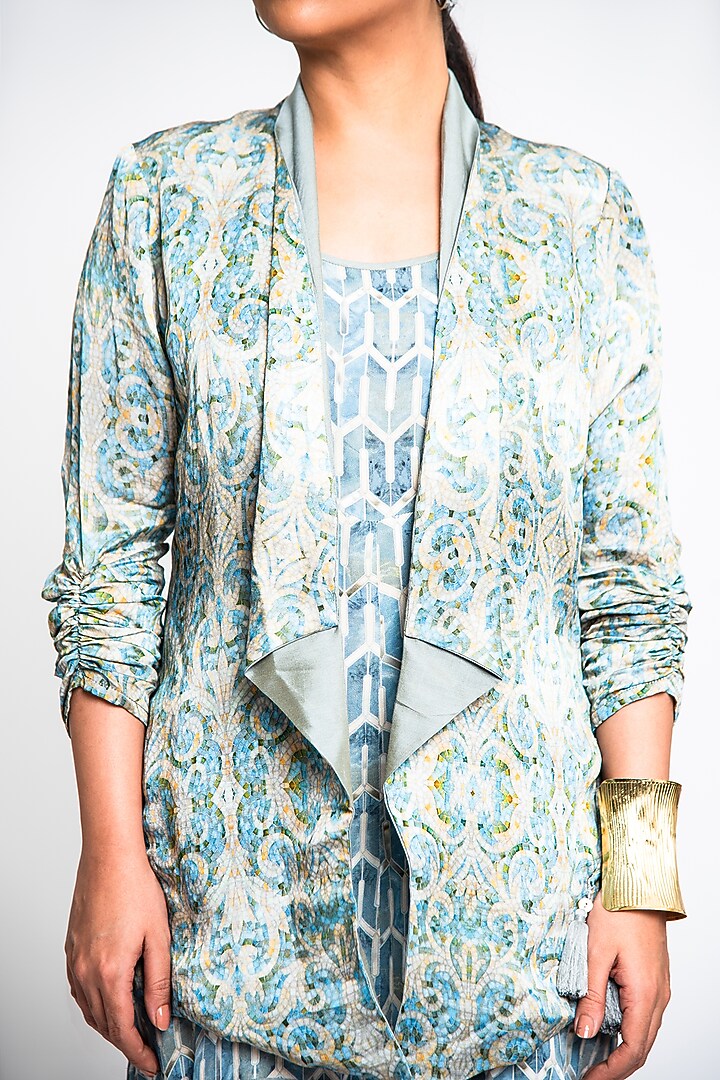 Teal & Ecru Linen Romper With Jacket by ANMOL KAKAD at Pernia's Pop Up Shop