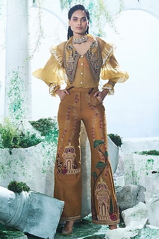 Mustard Yellow Organza Raw Silk Pant Set by Label Ankush Jain