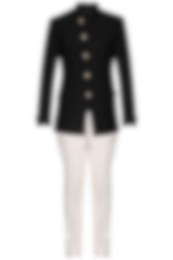 Black textured bandhgala jacket with ivory pants available only at Pernia's Pop Up Shop.