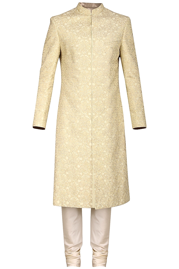 Ivory and Gold Embroidered Sherwani Set by Anuj Madaan