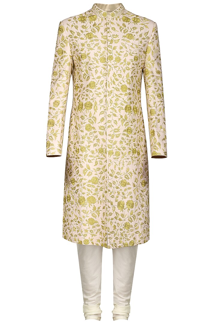 Peach and ivory embroidered sherwani set available only at Pernia's Pop Up Shop.