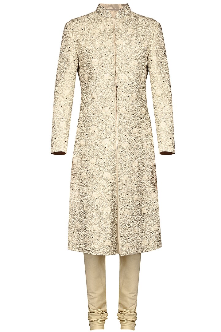 Ivory thread embroidered sherwani set available only at Pernia's Pop Up Shop.
