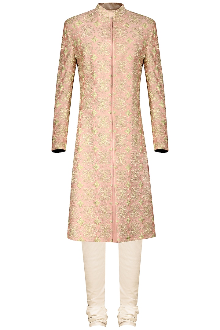 Peach and Light Gold Embroidered Sherwani Set by Anuj Madaan