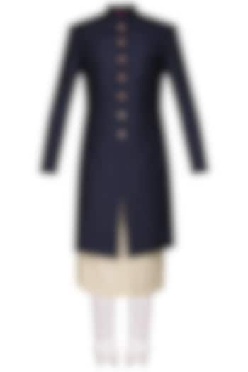 Navy Blue Quilted Sherwani with Ivory Kurta and Churidar Pants by Anuj Madaan