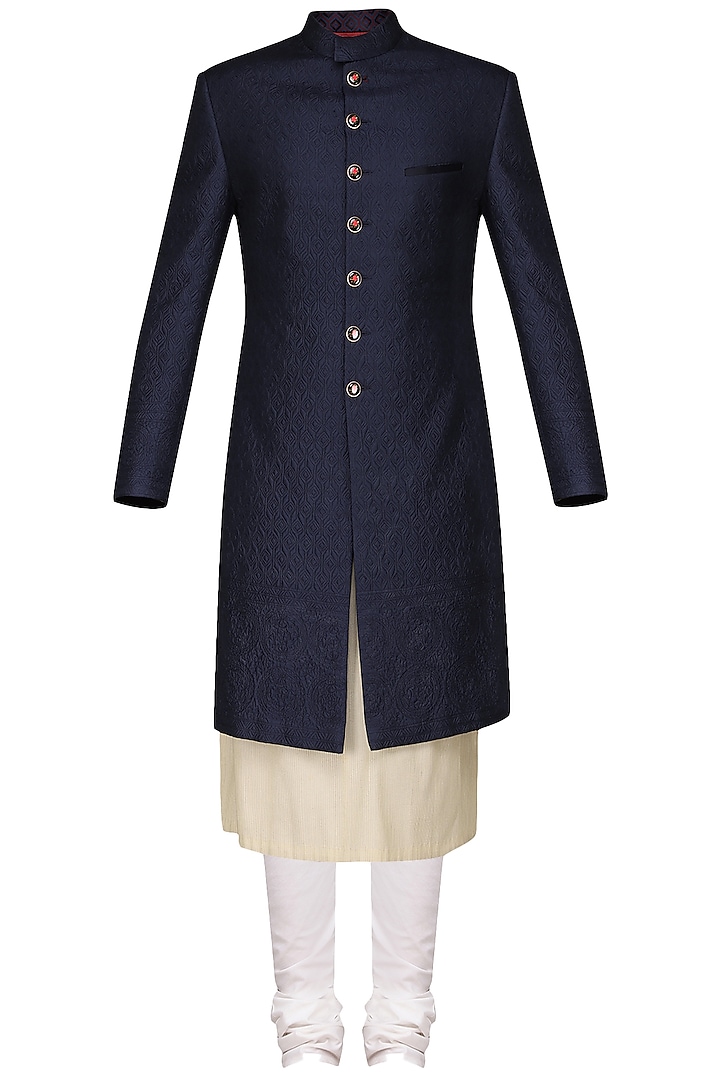 Navy Blue Quilted Sherwani with Ivory Kurta and Churidar Pants by Anuj Madaan