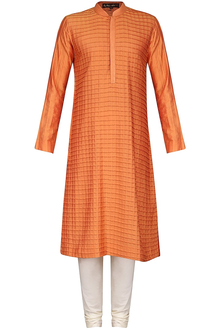 Orange Pintucks Kurta with Ivory Churidar Pants by Anuj Madaan