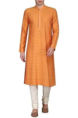 Orange Pintucks Kurta with Ivory Churidar Pants by Anuj Madaan