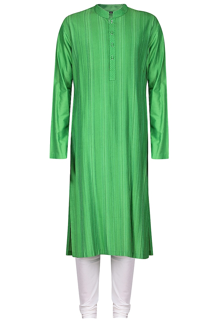 Green Thread Work Kurta with Ivory Churidar Pants by Anuj Madaan