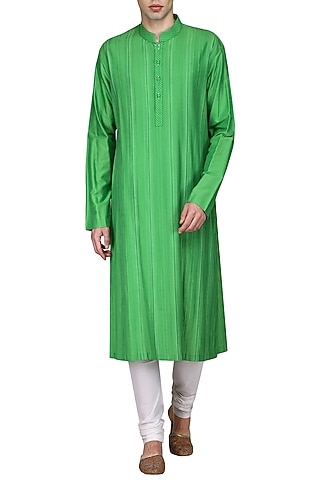 Green Thread Work Kurta with Ivory Churidar Pants by Anuj Madaan