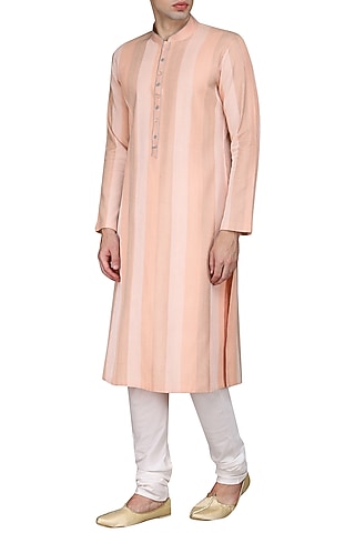 Peach Thread Work Kurta with Ivory Churidar Pants by Anuj Madaan