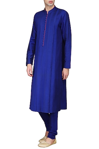 Royal Blue Pleats Kurta with Churidar Pants by Anuj Madaan